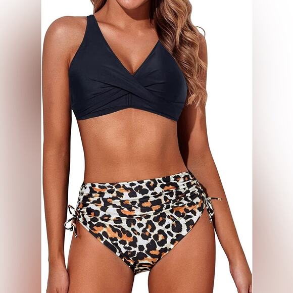Aqua Eve NWT High Waisted Bikini Twist Front Top and Leopard Print Bottom Large - Picture 1 of 9